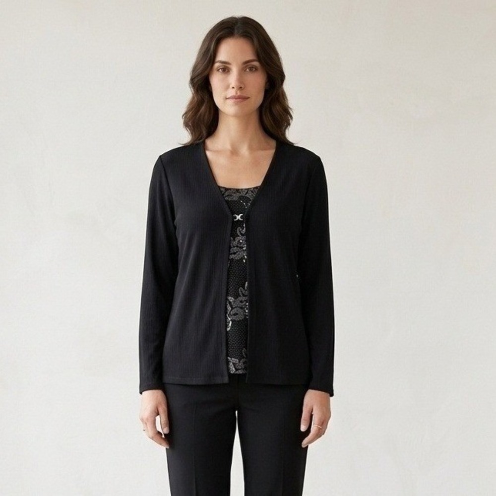 Kathie Lee Collection Blouse Womens Sz XL Stretch Layered Embroidered Goth Black